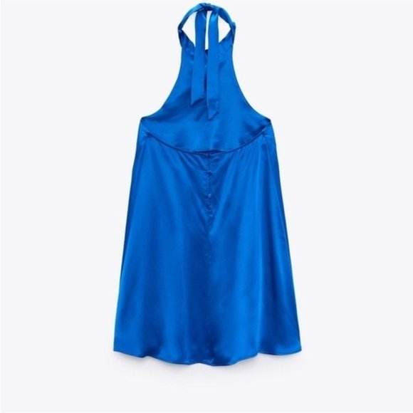 ZARA High Neck Open Back Satin Mini Halter Dress Royal Blue Size Small - Picture 5 of 12
